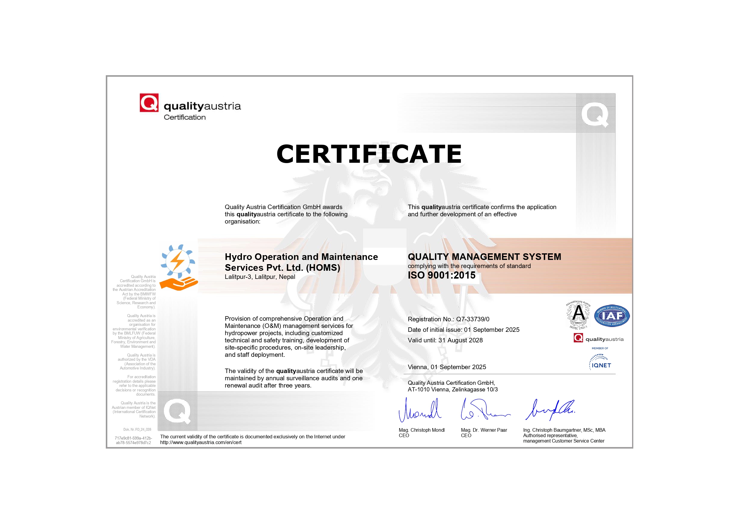 ISO 9001:2015 Certified (Quality austria)
